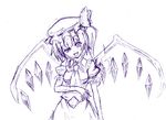  ascot flandre_scarlet h-new hat head_tilt monochrome purple raised_eyebrow short_hair side_ponytail sketch solo tongue touhou traditional_media wings 