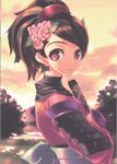  amazuyu_tatsuki armor black_hair evening flower hair_ornament hairclip highres japanese_clothes momohime oboro_muramasa scan solo sword weapon 