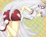  adapted_costume aki_(mare_desiderii) ass fujiwara_no_mokou long_hair looking_back ponytail red_eyes shorts smile smirk solo suspenders touhou very_long_hair white_hair 