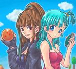  aqua_hair back-to-back blue_eyes breasts brown_hair bulma cleavage domoge dragon_ball dragon_ball_(classic) dragon_ball_(object) dragonball_evolution dual_persona emmy_rossum fingerless_gloves gloves large_breasts multiple_girls one_side_up ponytail red_eyes smile 