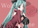  bad_id bad_pixiv_id bag chupimaro dress flower green_hair hatsune_miku long_hair looking_at_viewer purple_eyes ribbon solo twintails typo vocaloid world_is_mine_(vocaloid) 