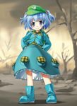  backpack bad_id bad_pixiv_id bag blue_eyes blue_hair hair_bobbles hair_ornament hat highres kawashiro_nitori plaid short_hair solo touhou twintails two_side_up umekichi 