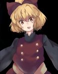  bad_id bad_pixiv_id black_background blonde_hair bow buttons eiko_(ykmykr) hair_bow kurodani_yamame long_sleeves open_mouth short_hair solo teeth touhou yellow_eyes 