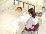  1girl bed blanket brown_hair cup eye_contact hate_shinaku_aoi_kono_sora_no_shita_de.... homura_yuuka japanese_clothes kaida_masashi kimono looking_at_another miko pillow takamichi tea_set teacup teapot 