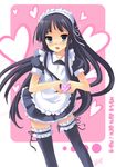  akiyama_mio alternate_costume apron bangs black_hair blue_eyes blunt_bangs blush dress enmaided garters hairband heart heart_hands k-on! long_hair maid maid_headdress moe_moe_kyun! peach_(momozen) solo thighhighs zettai_ryouiki 