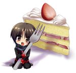  bad_id bad_pixiv_id bob_cut brown_eyes brown_hair cake chibi food fork little_busters! male_focus masayu miniboy naoe_riki oversized_object school_uniform solo strawberry_shortcake 