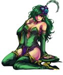  9wa bad_id bad_pixiv_id bare_shoulders boots breasts cleavage detached_sleeves final_fantasy final_fantasy_iv green_footwear green_hair green_leotard kneeling large_breasts legs leotard long_hair older rydia solo thigh_boots thighhighs 