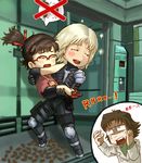  2boys bad_id bad_pixiv_id blonde_hair blush blush_stickers brown_hair bug carrying cockroach elevator emma_emmerich glasses hal_emmerich insect metal_gear_(series) metal_gear_solid_2 multiple_boys name_tag ponytail princess_carry raiden smile sparkle toriny 