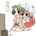  animal_ears barefoot bell blush_stickers bunny_ears chibi controller dejiko di_gi_charat dice dice_hair_ornament dress game_console game_controller green_hair hair_ornament hair_ribbon jingle_bell long_hair multiple_girls pink_hair playing_games playstation ribbon saxyun shirt_pull short_hair sitting skirt translation_request usada_hikaru video_game wristband 