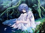  barefoot blue_hair brown_eyes copyright_request dress feathers feet forest hands leg_hug nature partially_submerged ribbon sitting solo sumi_keiichi tree water white_dress 