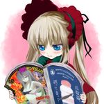  3: barasuishou bikini blonde_hair blue_eyes blush blush_stickers bonnet book_focus bow eyelashes feathers hina_ichigo iseki_(kuroshura_no_tabiji) jitome kanaria kirakishou long_hair magazine reading rozen_maiden sakurada_jun shinku silver_hair solo souseiseki suigintou suiseiseki swimsuit yakult 