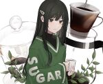  1girl blush closed_mouth clothes_writing coffee cropped cup dark_green_hair english_text green_eyes green_hair hair_ornament hairclip highres holding holding_cup jar ktym_777 leaf long_hair long_sleeves mug original pink_lips pouring solo sugar_(food) sugar_cube turtleneck upper_body water_drop wide_sleeves 