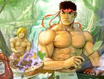  accident blonde_hair chad_walker cheese commentary food frown grill hadouken hamburger headband heinz ken_masters ketchup lettuce male_focus manly multiple_boys muscle ryuu_(street_fighter) shirtless spatula street_fighter water waterfall 