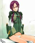  blue_eyes bodysuit glasses green_bodysuit highres kiyohisa long_hair makinami_mari_illustrious neon_genesis_evangelion no_pants panties plugsuit purple_hair rebuild_of_evangelion sitting solo twintails underwear 