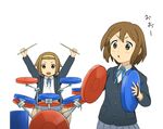  brown_eyes brown_hair castanets cymbals denden drum drum_set hairband hirasawa_yui instrument k-on! multiple_girls school_uniform short_hair tainaka_ritsu tomboy 