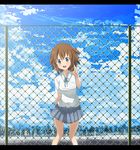  :o bad_id bad_pixiv_id blush bob_cut brown_eyes brown_hair chain-link_fence cloud day fence hair_ornament hairclip hirasawa_yui k-on! miniskirt open_mouth pleated_skirt pose ribbon ryouma_(galley) school_uniform short_hair sidelocks skirt sky solo standing v 