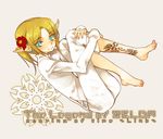  androgynous barefoot blonde_hair blue_eyes earrings feet jewelry link male_focus mitsubachi_koucha pointy_ears smile solo tattoo the_legend_of_zelda 