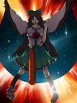  :o arm_cannon black_hair black_wings bow cape eyes hair_bow highres hitoto long_hair open_mouth pointing red_eyes reiuji_utsuho solo standing touhou weapon wings 