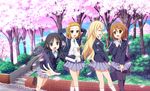  akiyama_mio black_eyes black_hair blonde_hair bored brown_eyes brown_hair cherry_blossoms day hirasawa_yui k-on! kotobuki_tsumugi long_hair multiple_girls outdoors pantyhose school_uniform short_hair tainaka_ritsu tomboy tree uehara_yukihiko walking 