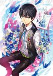  bird black_hair blue_eyes bouquet easel flower fox.cc free! male_focus medal nanase_haruka_(free!) rose sitting waistcoat 