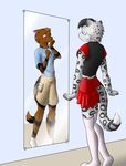  anthro blue_eyes blue_shirt blush cat clothing crossdressing embarrassed feline floor girly immelmann legwear leopard male mammal mirror plantigrade red_eyes shirt shorts simple_background skirt smile snow_leopard snowspots socks standing stockings stripes wall 