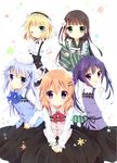  :/ :d ama_usa_an_uniform animal animal_on_head blonde_hair blue_eyes blue_hair blush brown_hair fleur_de_lapin_uniform flower gochuumon_wa_usagi_desu_ka? green_eyes hair_flower hair_ornament hairclip hand_on_hip hoto_cocoa kafuu_chino kirima_sharo long_hair long_sleeves looking_at_viewer looking_back maid_headdress multiple_girls neck_ribbon on_head one_eye_closed open_mouth purple_eyes purple_hair rabbit_house_uniform ribbon short_sleeves skirt smile standing tedeza_rize tippy_(gochiusa) twintails ujimatsu_chiya v_arms wa_maid waitress white_background white_legwear x_hair_ornament ytuorvi 