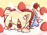  animal_ears blonde_hair blush bow cake cat_ears cat_tail chibi cream food fruit hair_bow long_hair lying open_mouth ritateo shanghai_doll solid_circle_eyes strawberry tail touhou 