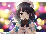  1girl amidada bangs beret black_hair blue_eyes blue_scarf blurry blurry_background blush bokeh breath brown_gloves depth_of_field eyebrows_visible_through_hair floating_hair gloves hands_up hat highres idolmaster idolmaster_shiny_colors kazano_hiori long_hair long_sleeves looking_at_viewer mole mole_under_mouth parted_lips plaid plaid_scarf pom_pom_(clothes) scarf sidelocks sleeves_past_wrists solo upper_body white_coat white_hat winter winter_clothes 