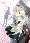  1girl :&lt; black_legwear boots chaika_trabant dress dutch_angle eyebrows from_behind full_body highres hitsugi_no_chaika long_hair long_sleeves maid_headdress pants petals purple_eyes shirt short_hair silver_hair standing tooru_acura veaml wind 