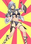  alternate_costume ankle_lace-up bikini black_bikini blush braid breasts choker cleavage cross-laced_footwear fish fishing_rod front-tie_top groin izayoi_sakuya knife large_breasts macedonian_flag maid_headdress meme navel open_mouth red_eyes ribbon_choker side-tie_bikini silver_hair smile solo sunburst swimsuit thigh_strap tobisawa touhou tsurikichi_obasan twin_braids 