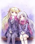  angel_beats! blonde_hair brown_eyes long_hair multiple_girls pantyhose scarf shared_scarf silver_hair sitting tazu tenshi_(angel_beats!) twintails yellow_eyes yusa_(angel_beats!) 