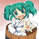  bucket dairi green_eyes green_hair hair_bobbles hair_ornament hand_on_hip in_bucket in_container japanese_clothes kimono kisume long_sleeves looking_at_viewer open_mouth sash smile solo touhou twintails wide_sleeves wooden_bucket yukata 