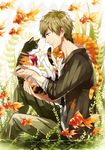  argyle bell bell_collar brown_hair cat collar fish fox.cc free! goldfish green_eyes male_focus plant profile sitting smile tachibana_makoto water 