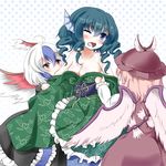  ahoge animal_ears bad_id bad_pixiv_id bird biting blue_eyes blue_hair bow geso_(nekomachi) hat head_fins head_wings japanese_clothes kimono long_sleeves mermaid monster_girl multicolored_hair multiple_girls mystia_lorelei obi open_mouth pink_hair polka_dot polka_dot_background red_eyes red_wings sash short_hair silver_hair teardrop tokiko_(touhou) touhou two-tone_hair undressing wakasagihime wide_sleeves wings you_gonna_get_raped 