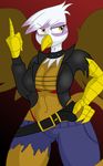  anthro anthrofied avian belt big_breasts breasts cleavage clothed clothing collar female friendship_is_magic gilda_(mlp) gryphon jacket jrvanesbroek middle_finger my_little_pony navel panties solo spiked_collar spikes thong torn_clothing underwear wings yellow_eyes 