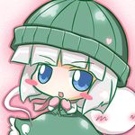  blue_eyes blush blush_stickers chibi hat konpaku_youmu konpaku_youmu_(ghost) mittens open_mouth pink_background ritateo scarf shimamura_youmu short_hair silver_hair smile touhou 