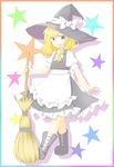  apron ascot bad_id bad_pixiv_id black_footwear black_hat blonde_hair blue_eyes boots bow braid dress ellipsis_(mitei) fingernails frilled_skirt frills full_body hair_bow hat hat_bow highres holding kirisame_marisa legs looking_at_viewer open_mouth shoes short_hair short_sleeves side_braid simple_background skirt solo star touhou waist_apron white_bow witch witch_hat 