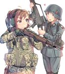  adapted_uniform assault_rifle blonde_hair blue_eyes bolt_action brown_hair bundeswehr camouflage daito flecktarn g36 german_flag germany gun helmet iron_cross mauser_98 military military_uniform multiple_girls nazi original reichsadler rifle short_hair sigrunen ss_insignia stahlhelm time_paradox uniform waffen-ss weapon world_war_ii 