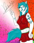  anthro breasts canine female happy looking_at_viewer mammal piercing pose skirt smile solo tattoo tongue voshiket wolf 