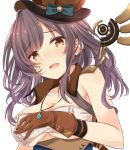  1girl :d amidada bangs bare_shoulders blue_ribbon blush breasts brown_eyes brown_gloves brown_hair brown_hat brown_shirt cleavage collarbone eyebrows_visible_through_hair gloves hat hat_ribbon head_tilt highres idolmaster idolmaster_shiny_colors jewelry long_hair looking_at_viewer mechanical_wings medium_breasts necklace open_mouth ribbon shirt sidelocks simple_background smile solo tsukioka_kogane underboob upper_body white_background wing_collar wings 