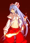  bangs blunt_bangs colored_eyelashes eyelashes fire fujiwara_no_mokou grey_hair hair_ribbon hime_cut long_hair midriff navel open_clothes open_shirt red_eyes ribbon shingo_(missing_link) shirt silver_hair solo touhou very_long_hair 