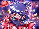  &gt;_o asymmetrical_wings black_hair blush blush_stickers candy chibi chocolate cookie fang food houjuu_nue jelly_bean one_eye_closed open_mouth polearm red_eyes ribbon riding ritateo short_hair snake solid_oval_eyes space star touhou trident ufo weapon wings 