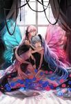  blue_eyes blue_flower blue_hair blue_rose butterfly_wings flower hahahamu hatsune_miku highres long_hair magnet_(vocaloid) megurine_luka multiple_girls petals pink_hair red_flower red_rose rose rose_petals sitting twintails very_long_hair vocaloid window wings 