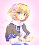  arm_warmers blonde_hair flower gradient gradient_background green_eyes hair_flower hair_ornament isaki_(gomi) looking_at_viewer mizuhashi_parsee open_mouth petals pink_background pointy_ears scarf shirt short_sleeves smile solo touhou upper_body white_scarf 