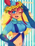  2014 blue_eyes blush breasts commentary_request dated flower_wreath fuuro_(pokemon) gloves hair_ornament head_wreath heart large_breasts lgw7 looking_at_viewer midriff navel one_eye_closed open_mouth pokemon red_hair solo 