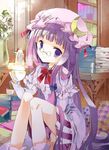  bad_id bad_twitter_id bespectacled book bow capelet cierra_(ra-bit) crescent cup dress flower glasses hair_bow hair_ornament hat hat_bow long_hair long_sleeves looking_at_viewer mob_cap patchouli_knowledge pince-nez purple_eyes purple_hair sitting solo striped striped_dress touhou 