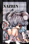  animal_ears blush character_name chibi crystal grey_background grey_hair jewelry lace mouse mouse_ears mouse_tail nazrin pendant red_eyes ritateo short_hair sitting tail touhou 
