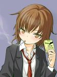  brown_eyes brown_hair cigarette cigarette_box commentary kantai_collection loose_necktie nagaoka_kenzou necktie object_namesake short_hair simple_background smoke smoking solo translated wakaba_(kantai_collection) 