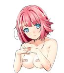  bandaid bandaids_on_nipples bangs blue_eyes body_blush breasts collarbone colored_eyelashes interlocked_fingers kuro_(kuronell) looking_at_viewer medium_breasts nude original pasties pink_hair short_hair simple_background smile solo upper_body white_background 