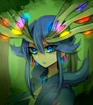  antlers blue_eyes blue_hair commentary_request earrings eyelashes gen_6_pokemon jewelry legendary_pokemon lgw7 personification pokemon solo symbol-shaped_pupils x_x xerneas 